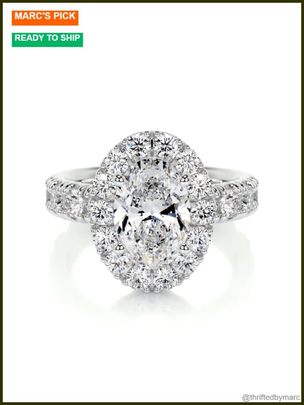 Oval Moissanite Engagement Ring 4 Carat Platinum Plated Silver Halo Cathedral